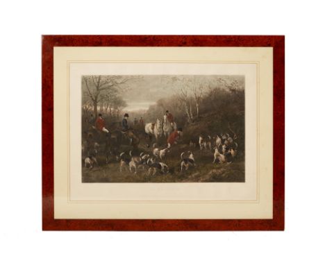 AFTER HEYWOOD HARDY (1842 - 1953) - HUNTING SCENE
Lithograph, 
Mounted in an antique burlwood frame
112cm wide x 91.5cm high
