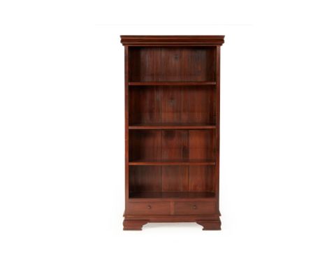 A TEAK OPEN SHELVED CABINET
A teak open shelved cabinet with four shelves over two drawers, with panelled sides on bracket fe