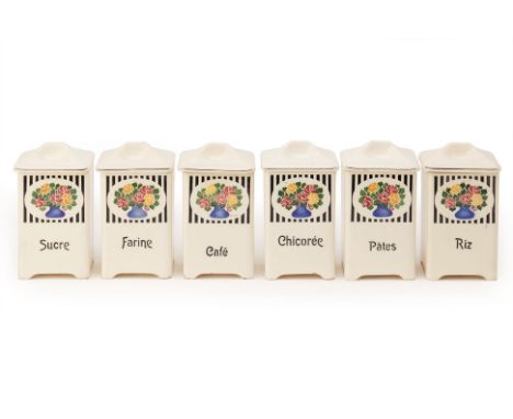 A SET OF VINTAGE FRENCH CERAMIC FOOD CONTAINERS
Marked Pates, Farine, Sucre, Chicoree, Cafe &amp; Riz
Each is 10 x 10 x 19cm
