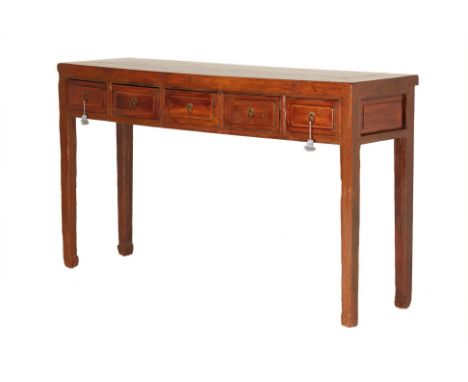 A CHINESE ELM CONSOLE
A Chinese elm console table with five frieze drawers on square legs
94cm x 163cm x 44cm
Condition: Mino
