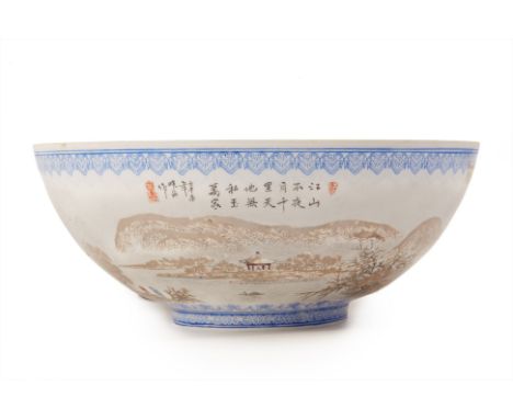 A CHINESE EGGSHELL PORCELAIN BOWL
Painted with winter river landscapes, printed blue seal mark to base
10cm x 24cm
Condition: