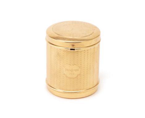 A STATE EXPRESS GILT METAL CIGARETTE TIN
With engine turned decoration, marked to front 'State Express 555'
9cm high x 7cm di