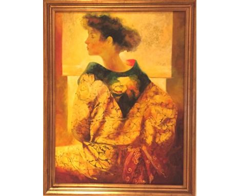 KOREAN SCHOOL (2OTH CENTURY)- PORTRAIT OF A LADY IN A KIMONO
Oil on canvas
In antique gold leaf frame
100cm x 74cm; with fram