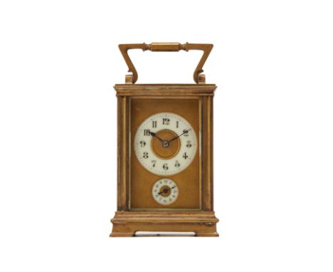 A FRENCH BRASS CARRIAGE CLOCK
Late 19th Century
White enamel Arabic chapter ring with subsidiary alarm dial below, twin barre