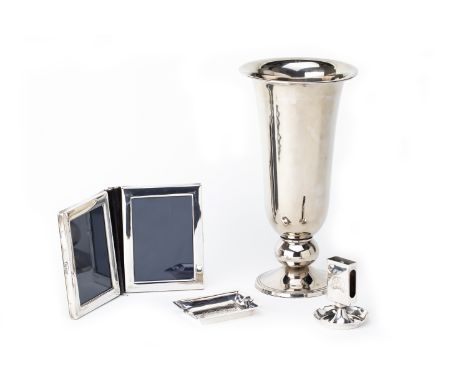 A GROUP OF SILVER AND SILVER PLATED ITEMS
To include a silver plated vase with flared rim; a silver double photograph frame, 