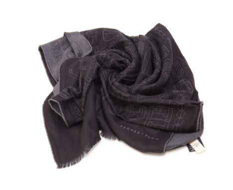 A HERMES CASHMERE SCARF
varying shades of grey with mechanical print, with Hermes gift box and ribbon
unworn
L1.84cm x D59cm
