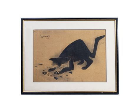 A CHINESE PAINTING OF A BLACK CAT PLAYING WITH FISHBONES
Indistinctly signed and with artists seal
48cm x 36cm
Condition: Min