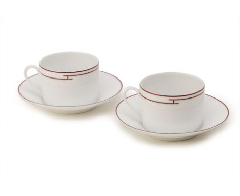 A PAIR OF HERMES 'RYHME' PATTERN CUPS AND SAUCERS
Printed marks to base
Saucers 17cm diameter; cups 7cm high x 10cm diameter
