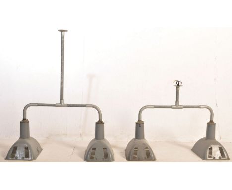 Benjamin RLM Crysteel - A pair of retro vintage mid 20th Century English industrial factory/school twin head ceiling lights. 