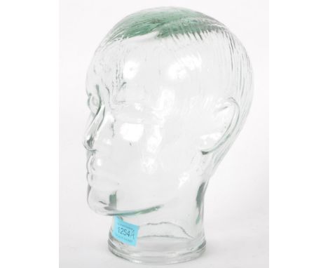 A late 20th century Art Deco style moulded pressed glass phrenology type male head - shop display stand / millinery mannequin