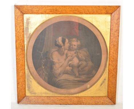 A 19th century Victorian print set within gilt roundel mount and within a birds eye maple frame. The print depicting a mother