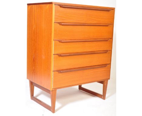 A retro vintage mid 20th century circa 1960s teak wood chest of drawers of pedestal form having a bank of five drawers with l