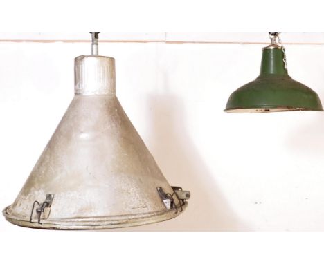 A large retro vintage mid 20th Century enamel pendant industrial factory/school light shade AF. The light having a large worn