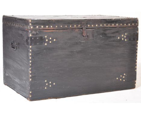 A 19th century Victorian blanket box / chest having a hinged lid with studded decoration. The chest retains the original trad