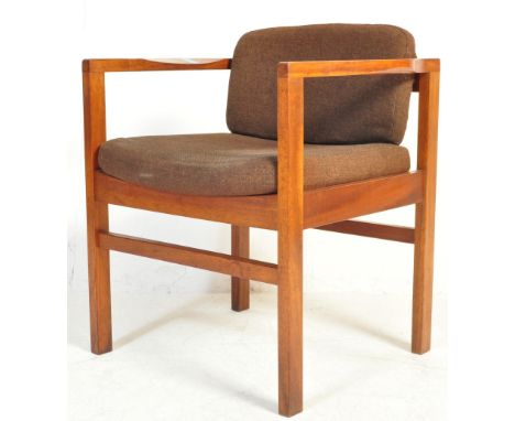 A retro vintage mid 20th century teak wood office chair having brown upholstered back rest and cushioned seat with shaped tea
