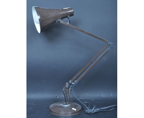 An original retro vintage mid 20th Century work factory desk table lamp light having a brown enamel pendant shade with adjust