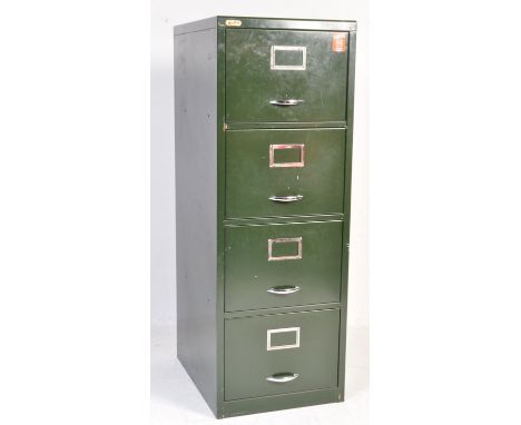 A retro vintage industrial factory filing cabinet by Sheer Pride. The metal filing cabinet having four large drawers, chrome 