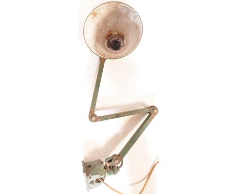 A retro mid 20th century adjustable three arm green industrial lamp having a green enamel shade of conical form with cast met