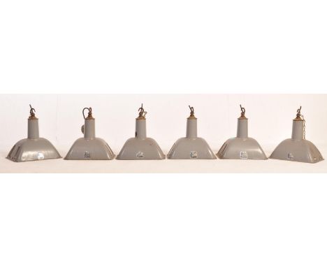 Benjamin RLM Crysteel - A collection of six retro vintage enamel ceiling lights. Each having pierced rectangular grey body wi