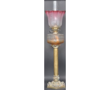 A 19th century Victorian oil / paraffin lamp having having organic Art Nouveau acid etched detailing to the shade, gadrooned 