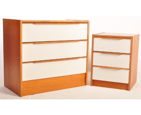 A retro vintage mid 20th century Danish Steens teak wood bedroom suite comprising of a three drawer chest of drawers having l