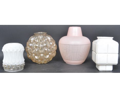 Collection of 4 retro vintage 20th Century light shades comprising of; cubist brutalist white glass light shade, a peach glas