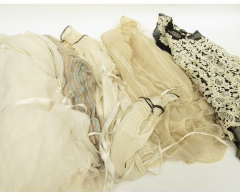 An ivory chiffon floaty top, an Edwardian silk chiffon blouse, pintuck front in cream a/f, a white lace and black tulle top, 