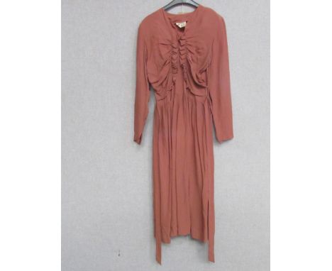 A 1940's Romney Model crepe chiffon day dress, ruched ruffle bodice with belt 