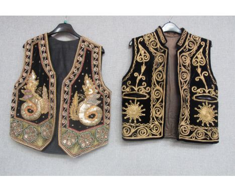 Two Chinese silk embroidered jackets, both with frog fastening, one bearing a retailer's label, Ah Tiv Ladies Tailor, 12 Shan