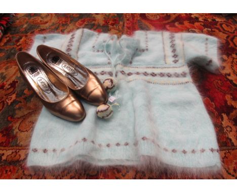 A pair of Rayne evening shoes size 4 in bronze, circa 1980's, a hand-knitted angora jumper and three items of Panamanian clot