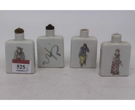 A set of four Chinese porcelain scent bottles, each of rounded rectangular form, enamel decorated with various figures and Ch