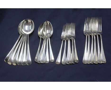 A set of George VI silver table forks, London 1938; together with a matched set of six dessert forks and two sets of six spoo