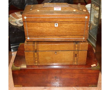 A Victorian mahogany brass bound writing slope having a fitted interior together with a Victorian rosewood, mother-of-pearl i