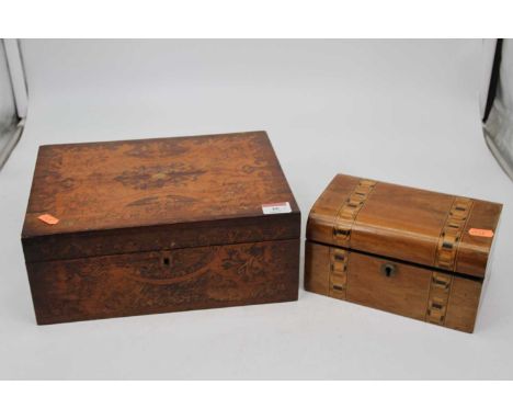 A Victorian rosewood amboyna and boxwood inlaid work box (lacking interior), width 30.5cm, together with a Victorian walnut a