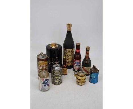 A collection of ten various novelty table lighters, modelled as alcohol advertising bottles and cans, to include Hennessey co