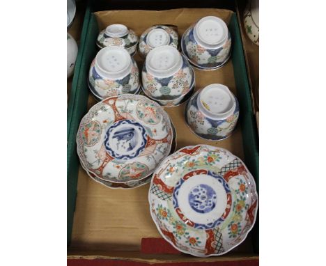 A box of miscellaneous Oriental ceramics, to include a pair of Japanese Meiji period imari bowls of shaped circular form and 