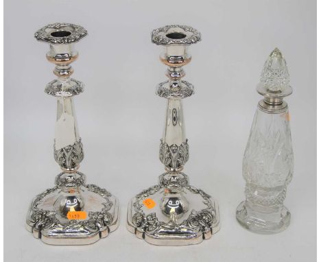 A pair of Sheffield plated table candlesticks, h.27cm; together with a cut glass decanter with silver collar, h.25cm (3)