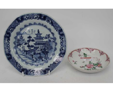 An 18th century Chinese blue and white porcelain plate; together with a Chinese enamel decorated porcelain dish (2)