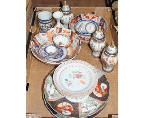 A box of miscellaneous ceramics to include Chinese export saucers, a garniture of vases and covers of hexagonal baluster form