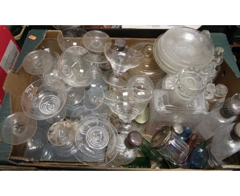 A box of glassware to include silver lidded dressing table jar and coloured glass bottlesStuart sundae dishes and the ice pla