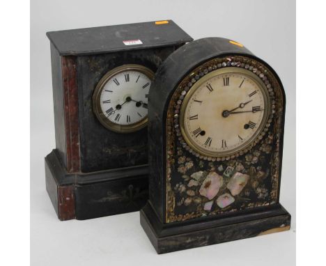 A late Victorian black slate and rouge marble cased mantel clock having an enamel dial with Roman numerals, width 25cm, toget