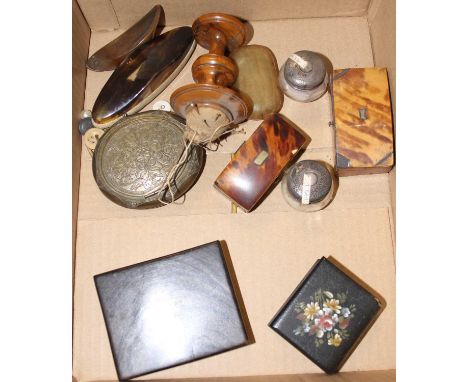 A small collection of miscellaneous items to include a Jerusalem olive wood pin cushion, a Victorian tortoiseshell stamp box,