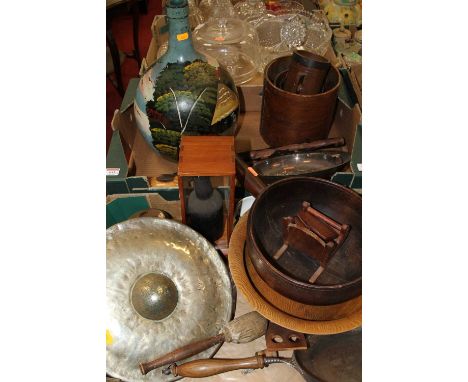 Two boxes of miscellaneous items to include a brass table gong and a painted glass carboy