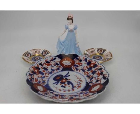 A Coalport figurine Elizabeth Bennett, No. 21, height 22cm, together with a pair of Aynsley saucers in the Imperial pattern, 