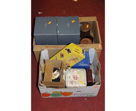 Two boxes of miscellaneous items to include Villeroy &amp; Boch glass candelabras, boxed Pelham puppet, Country Collection or