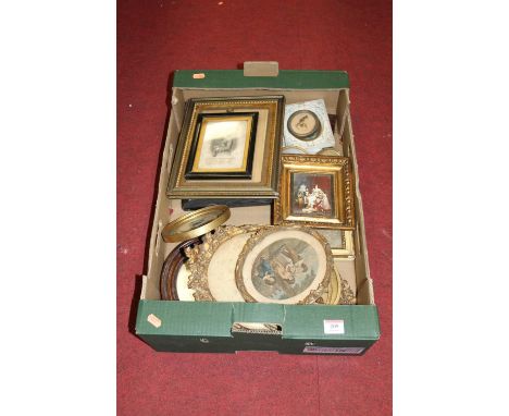 A box of assorted 19th century and later prints and engravings to include Bartoluzzi and reproduction portrait miniatures etc