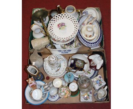 Two boxes of miscellaneous china to include a Vienna style cream jug having deep blue ground with gilt decoration, the opposi