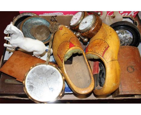 A collection of miscellaneous items, to include a vintage pair of clogs, a Prattware pot lid, and a Thornhill table clock/bar