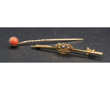 A 15ct gold and seed pearl set safety pin bar brooch, 2.1g, 4.5cm; together with a yellow metal and coral set tie-pin (2)