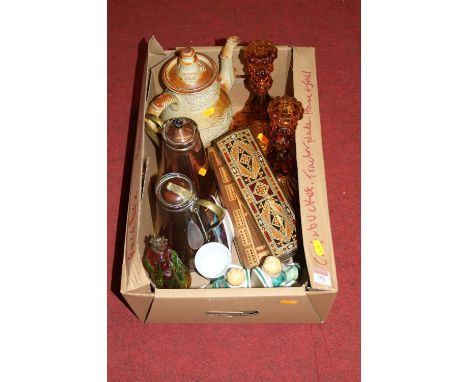 A box of miscellaneous items, to include a Victorian salt-glazed stoneware coffee pot and cover, a pair of amber moulded glas